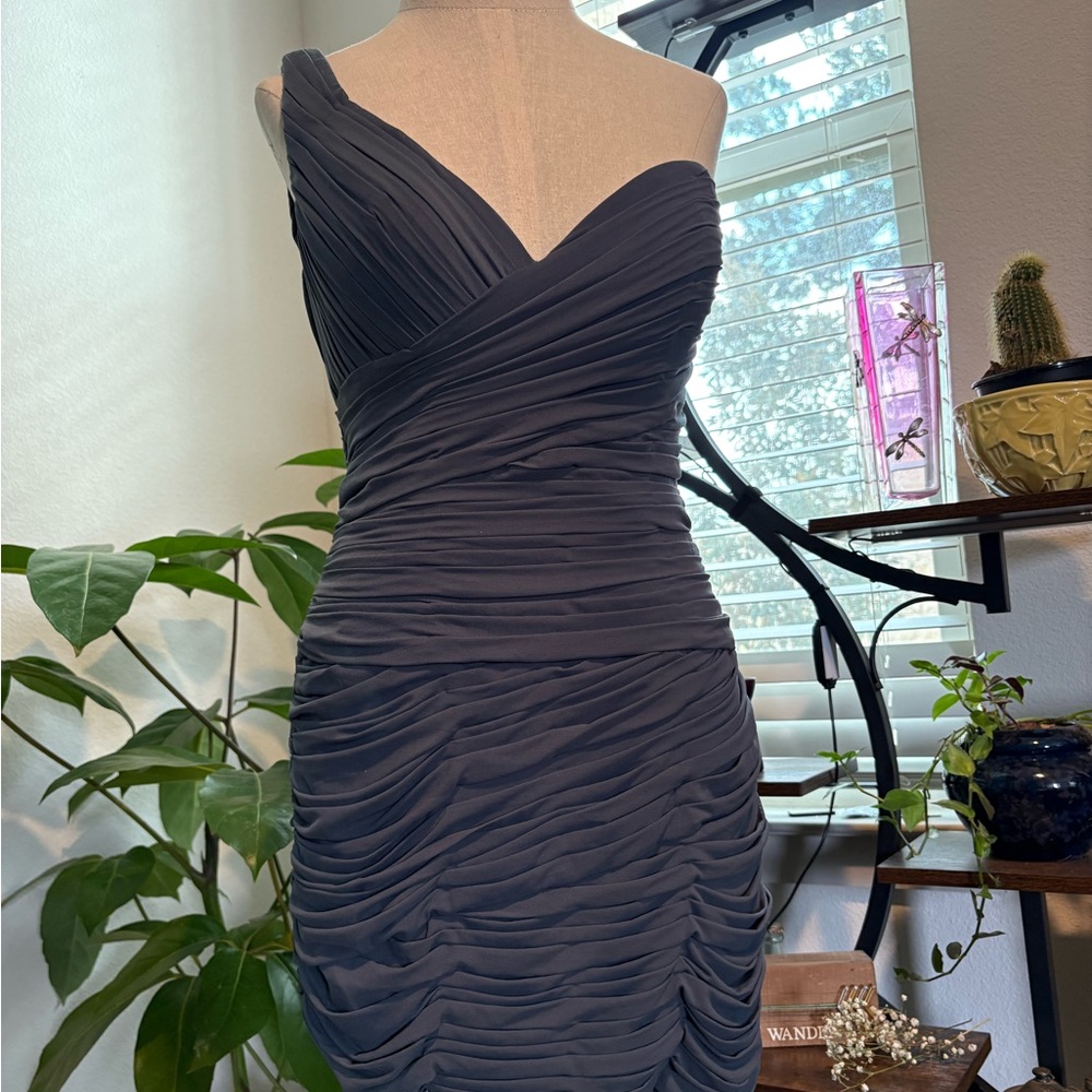 La Femme One-Shoulder Charcoal Grey Short Dress
